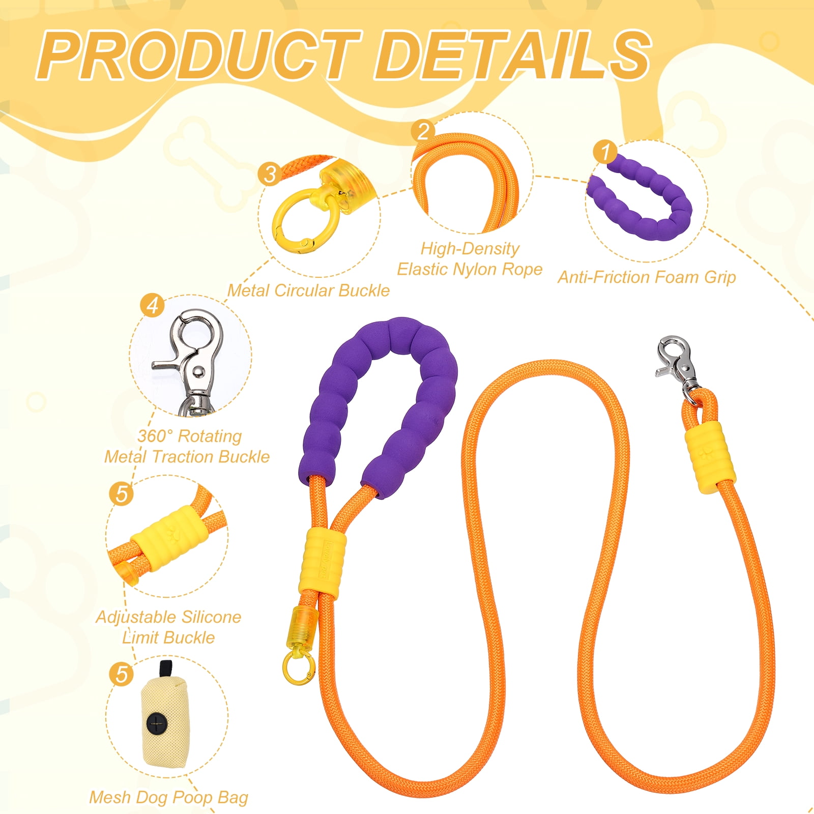 Uxcell Dog Leash with Padded Hands Free, 6.6ft/2m Adjustable Bungee Dog Training Leash, No Pull Heavy Duty Rope(Orange, Beige Bag), Intended for Large Medium Pet Running/Hiking/Walking