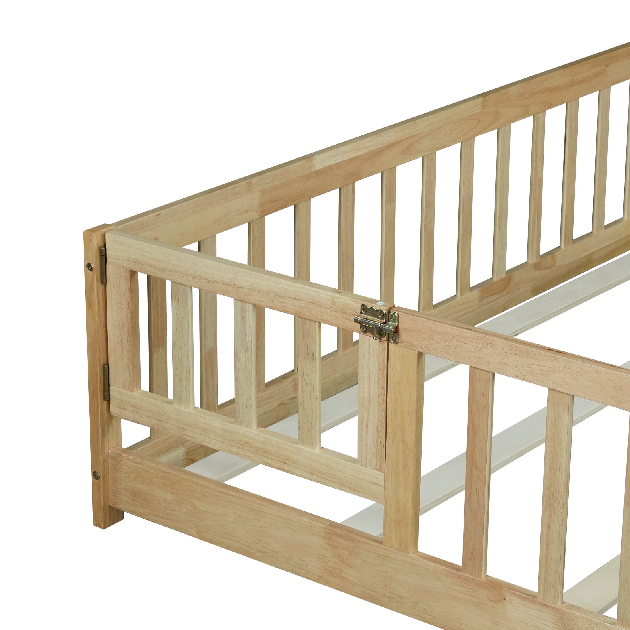 Noble House Queen Floor Bed with Safety Guardrails and Door, Rubber Wood Montessori Bed, Kid's Room, Natural
