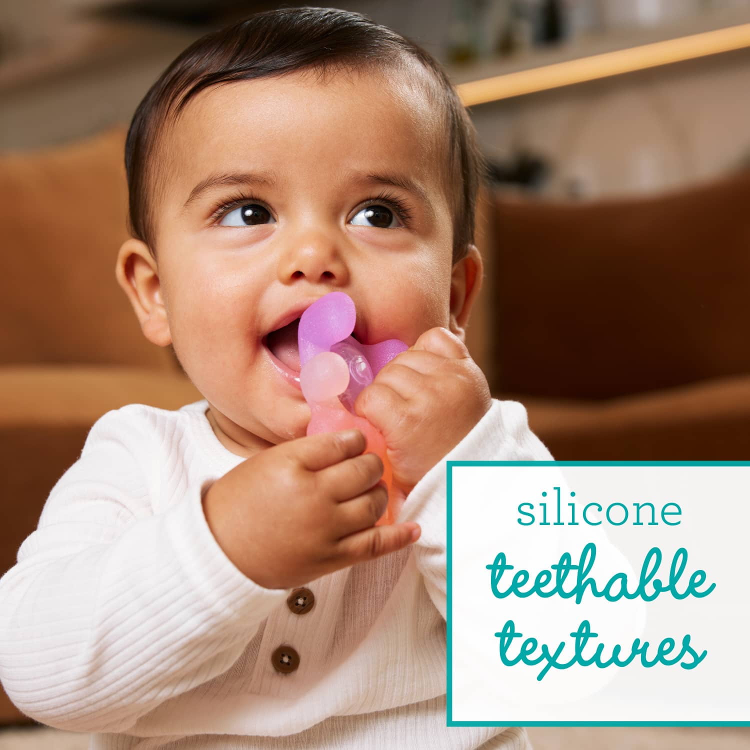 Infantino Teethimal Pop Pals Baby Teether Toy with Textured Surfaces, Pop Feature, and Linkable Loop for Babies 6-12 Months, 2-Pack