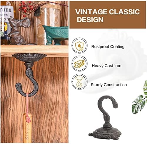 Heavy Duty Ceiling Hooks for Hanging Plants, 3PC Black 3.5x3.9Inch Large Cast Iron Ceiling Hooks, Antique Decorative Ceiling Swag Hooks for Hanging Planter Chandelier Wind Chime Lantern Hanger
