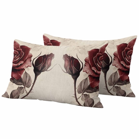 Spring Flowers Pillow Covers 2 Pack Retro Rose Bud Pillowcase Waterproof Outdoor Throw Pillow Cover for Patio Balcony Rectangular Cushion 20”x12”