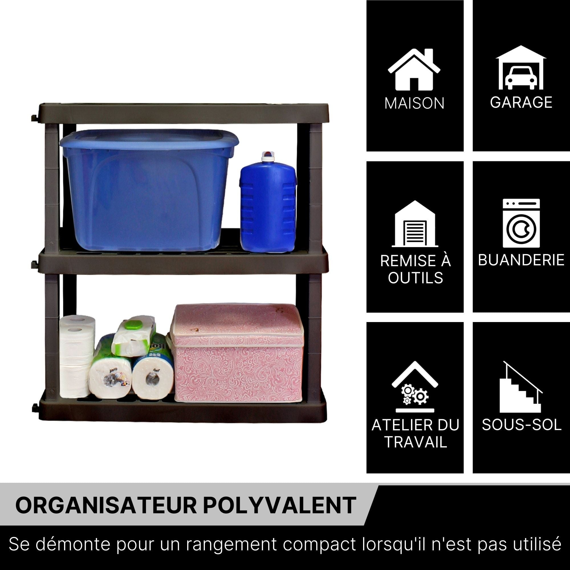 Oskar Plastic Storage Shelves Garage Shelving Unit 3-Tier 37.8"H x 36"W x 17.75"D Black 500 lb Capacity