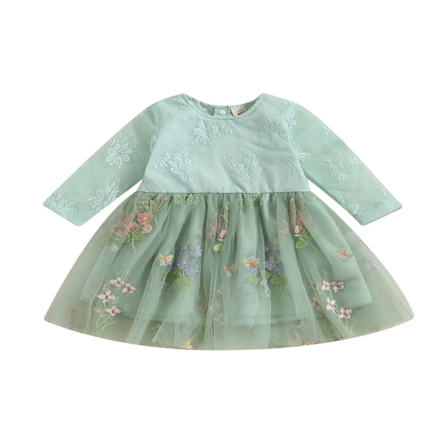 AMERTEER Fille Automne Robe Manches Longues Col Rond Broderie Florale Dentelle Robe Enfants Tulle Robe