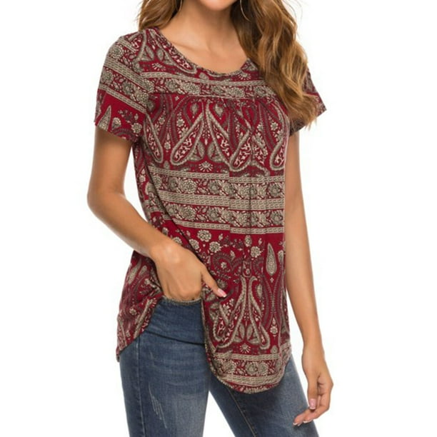 Qarigey Camisetas casuales de cuello de verano para mujer, camiseta holgada con estampado único, camiseta S-XL 2021, camiseta de manga corta a Prendas para la parte del cuerpo Rojo L