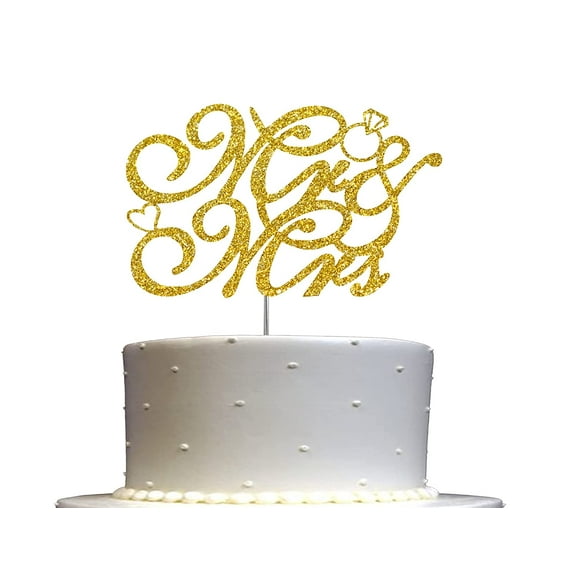 Mr & Mrs Gold Glitter Cake Topper, Wedding Party Decorations Ideas, Anniversary, Sturdy Doubled Sided Glitter, Acrylic Stick. Made in USA
