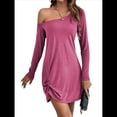 thumbnail image 2 of Tunique à une Épaule pour Femmes Manches Longues Ourlet Torsadé Robe Mini Décontractée Ample Printemps Été Rose Rouge P, 2 of 10
