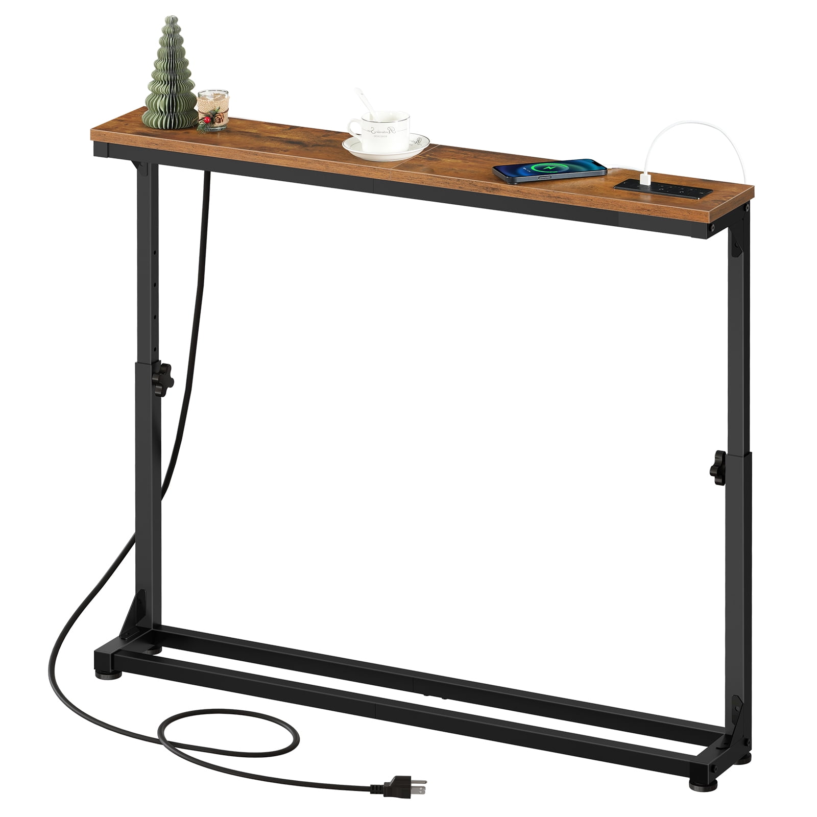 HOOBRO Farmhouse Adjustable Height Narrow Console Table with Charging Station, Rustic Brown
