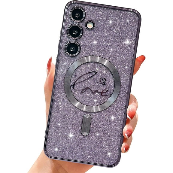 for Samsung Galaxy S24 Plus Magnetic Glitter Case, [Compatible with Magsafe] Luxury Plating Love Heart Design, Full Camera Lens Protector Soft TPU Protective Case for Women 6.7"-Purple