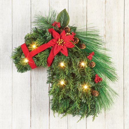 Horse Shaped Winter Wreath with Lights, Pinecones, Berries - Country Christmas