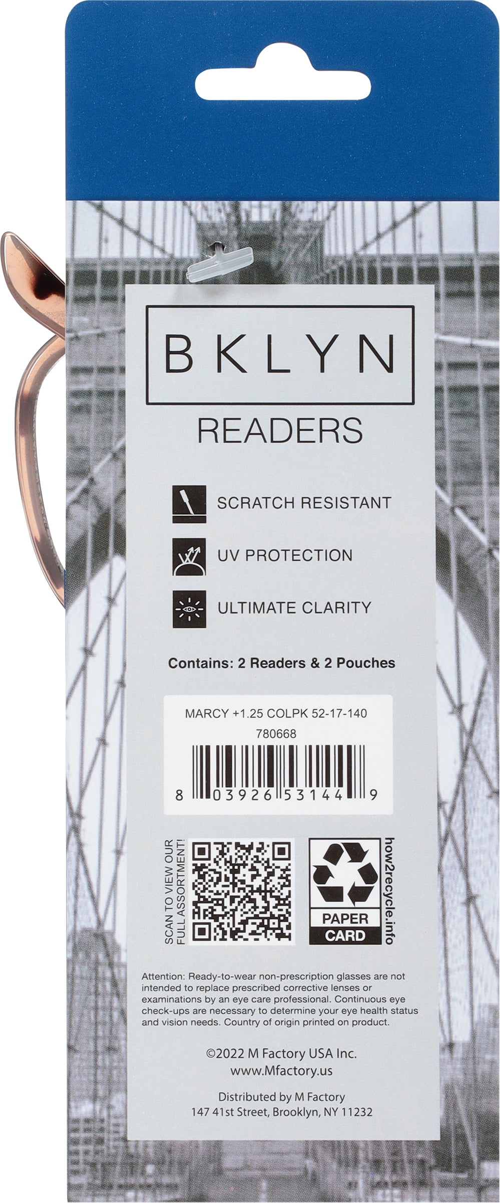 (2 pack) Bklyn, Marcy +1.25, Adult, Womens, Plastic Reading Glasses & Pouches Value Pack , 2 Ea