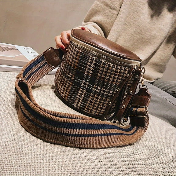 HMSHA Small Zipper Plaid Pattern Saddle Bag For Women Vintage Style Shoulder Handbag With Striped Strap