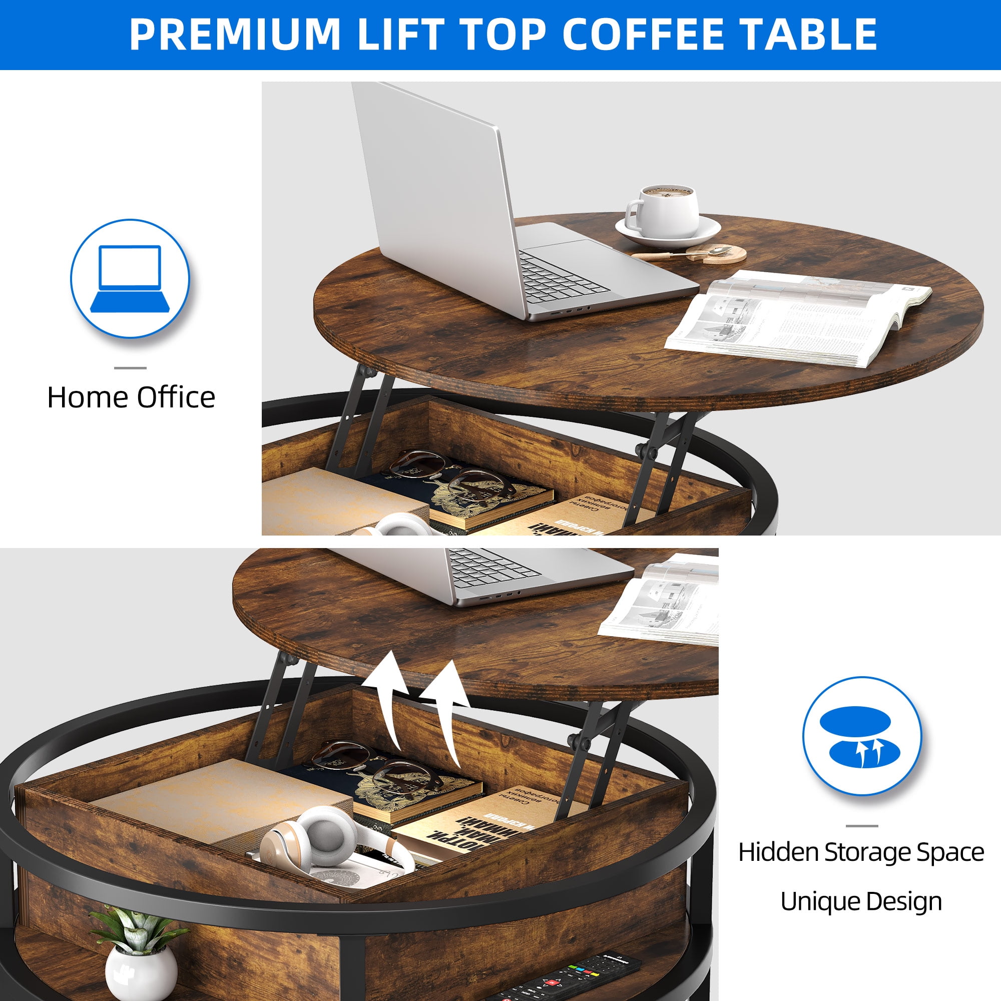 Dextrus Modern Lift Top Coffee Table with Storage, Brown