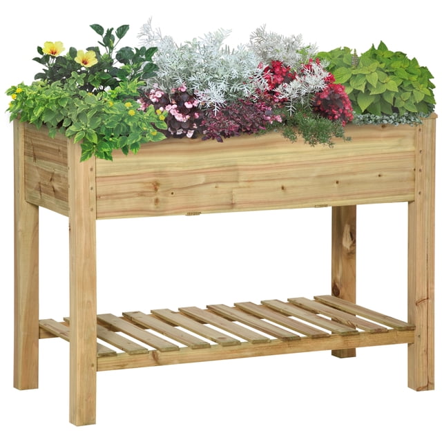 Outsunny 45” x 22” x 33” Elevated Wooden Planter Box with Legs and Storage Shelf for Backyard, Patio, Balcony