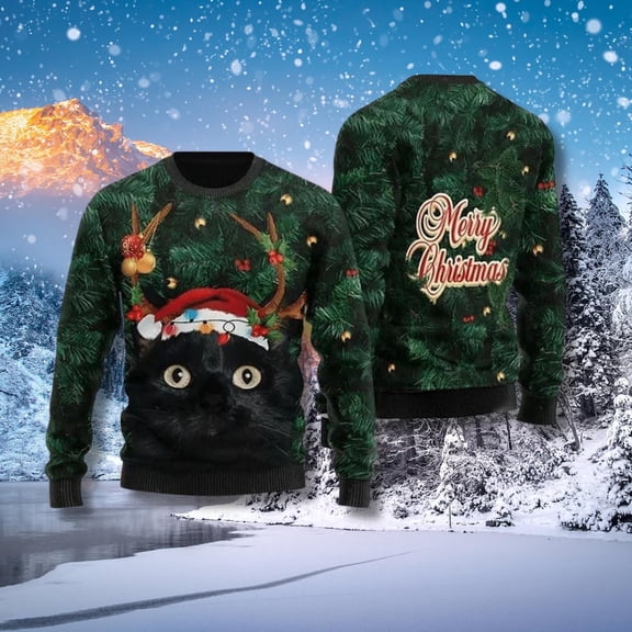 Black Cat Antlers 3D Christmas Sweater, Green Tree Merry Christmas Holiday Jumper