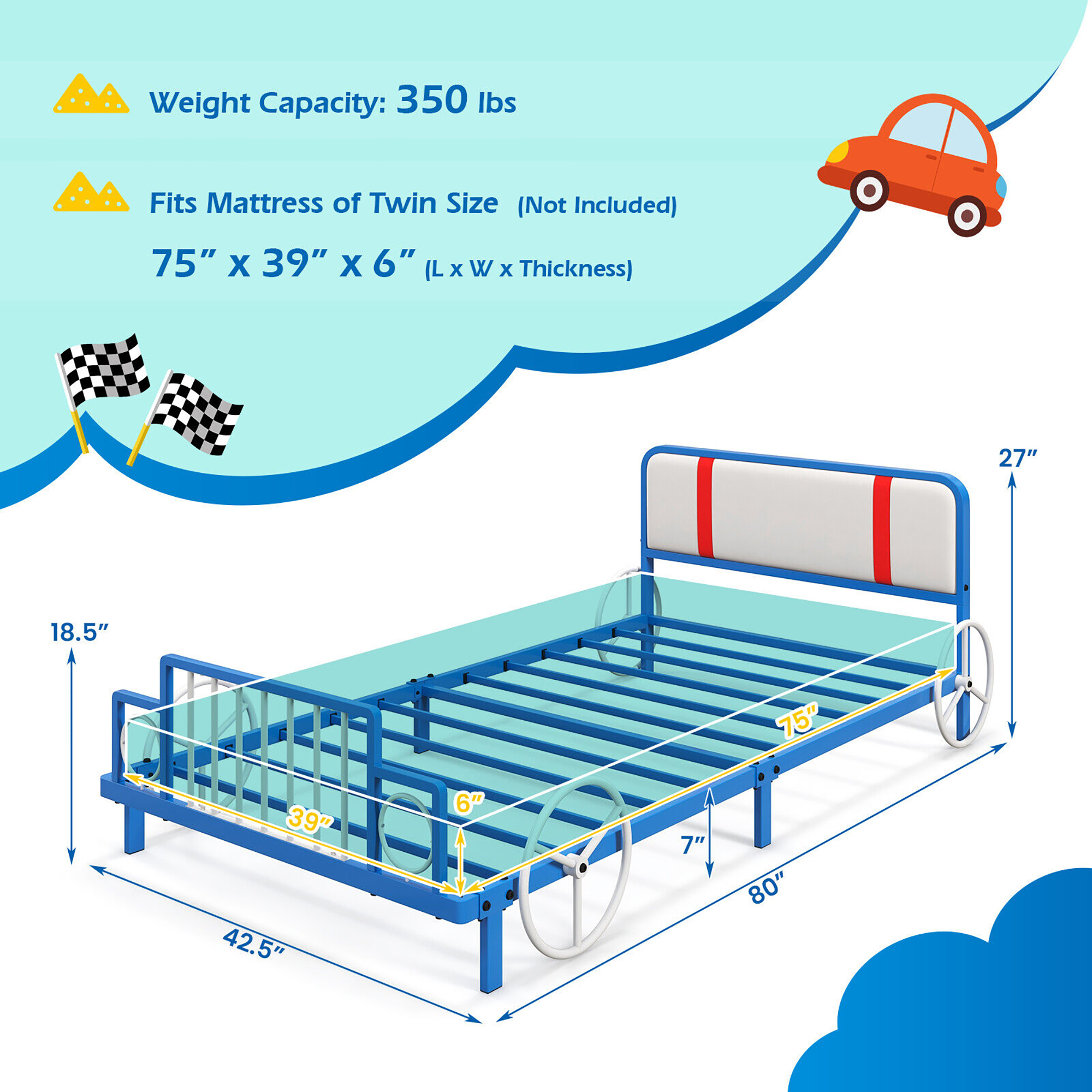 Gymax Twin Size Kids Bed Frame Car Shaped Metal Platform Bed w/ Upholstered Headboard