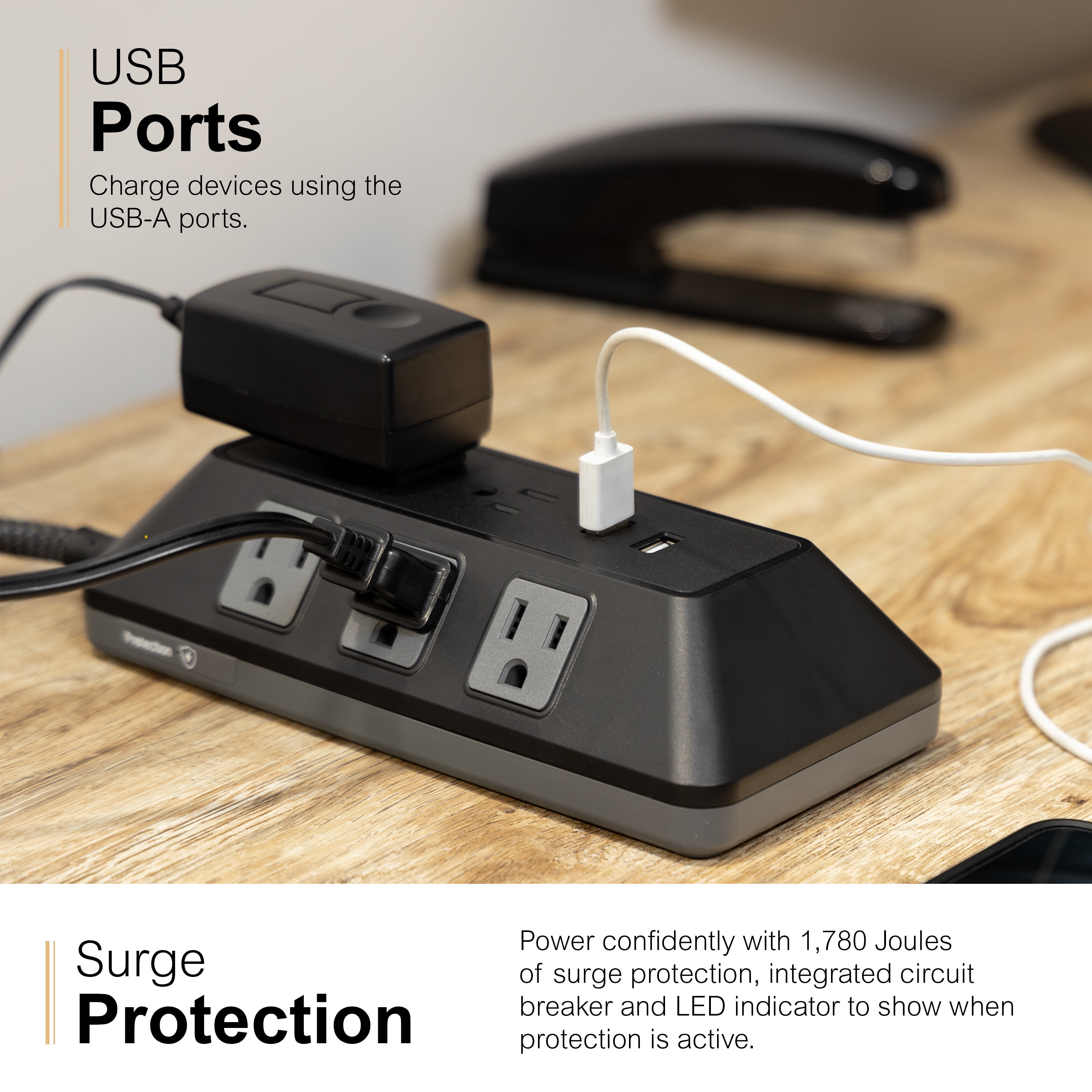 GE Adapt 8-Outlet Surge Protector with USB, Turtle, 1780J, 2 USB-a Ports, 2.4a, 3ft Braided Cord, Black