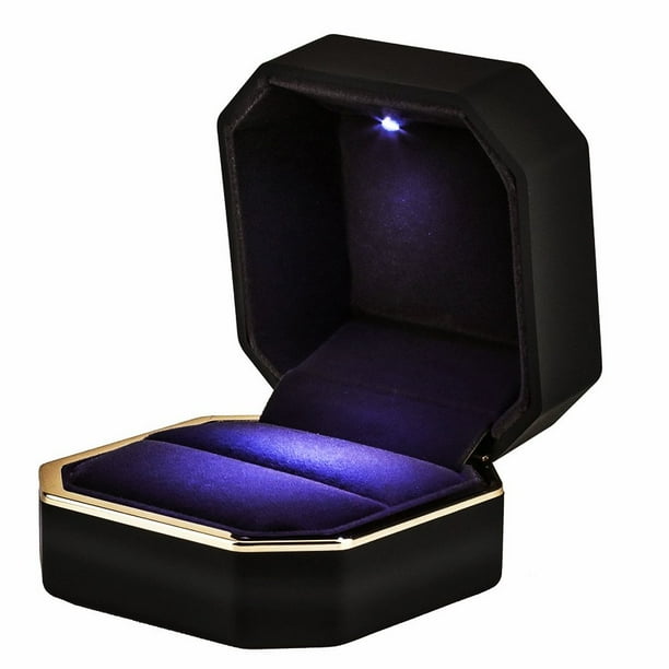 AVESON Caja de Anillo de Lujo, Caja de Anillo de Boda Cuadrada de Terciopelo Caja de Regalo de joyería con luz LED para Propuesta de Compromiso de Boda, Negro