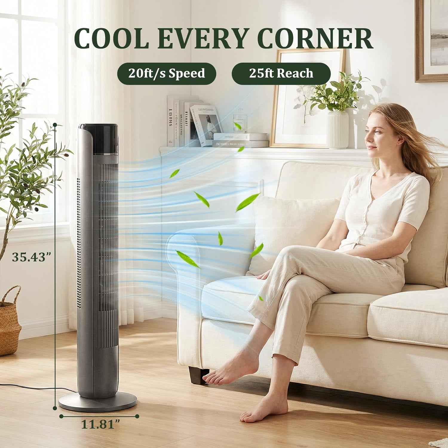 Blazezo Tower Fan With Remote, 60° Oscillating Bladeless Cooling Fan, 28dB Quiet Standing Floor Fan for Bedroom Home Office, 5 Speeds 4 Modes 12H Timer