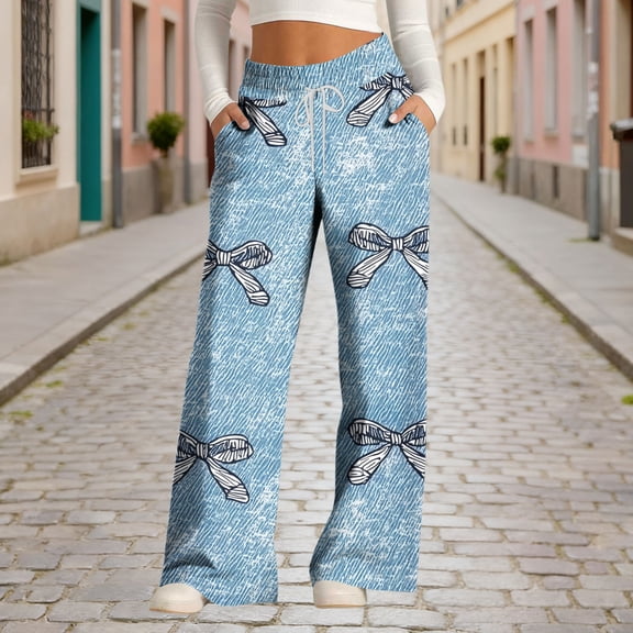 AGWOLF Womens Wide Leg Sweatpants Funny Print High Waisted Sweat Pant Baggy Drawstring Elastic Waistband Trousers Comfortable Everyday Wear Navy XL