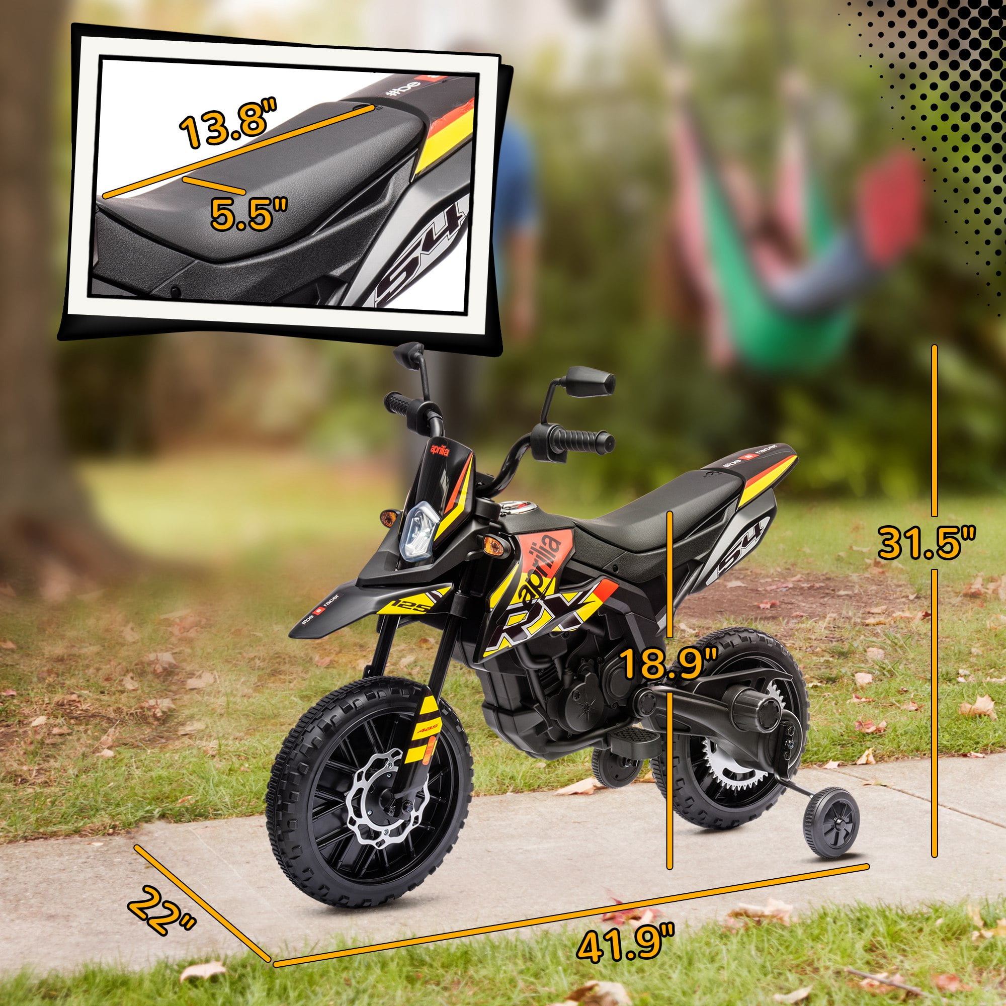 Riding Toys Qaba 12V Motorcycle, Aprilia Licenced Electric Motorcycle for with Training Wheels, Spring Suspension, LED Light, USB, Music, Battery Powered Electric Dirt Bike for Gi