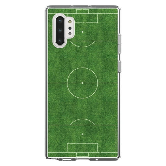 DistinctInk Clear Shockproof Hybrid Case for Galaxy Note 10 PLUS (6.8" Screen) - TPU Bumper, Acrylic Back, Tempered Glass Screen Protector - Soccer Field Layout