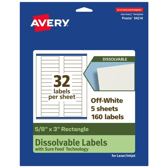 Avery Dissolvable Rectangle Labels, 5/8" x 3", 160 Labels