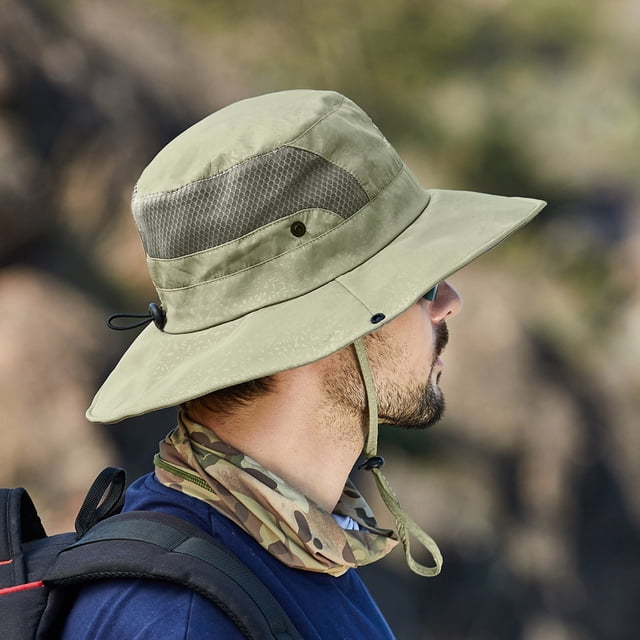 Harpily Men Mountaineering Fishing Solid Color Hood Rope Outdoor Shade Foldable Casual Breathable Bucket Hat