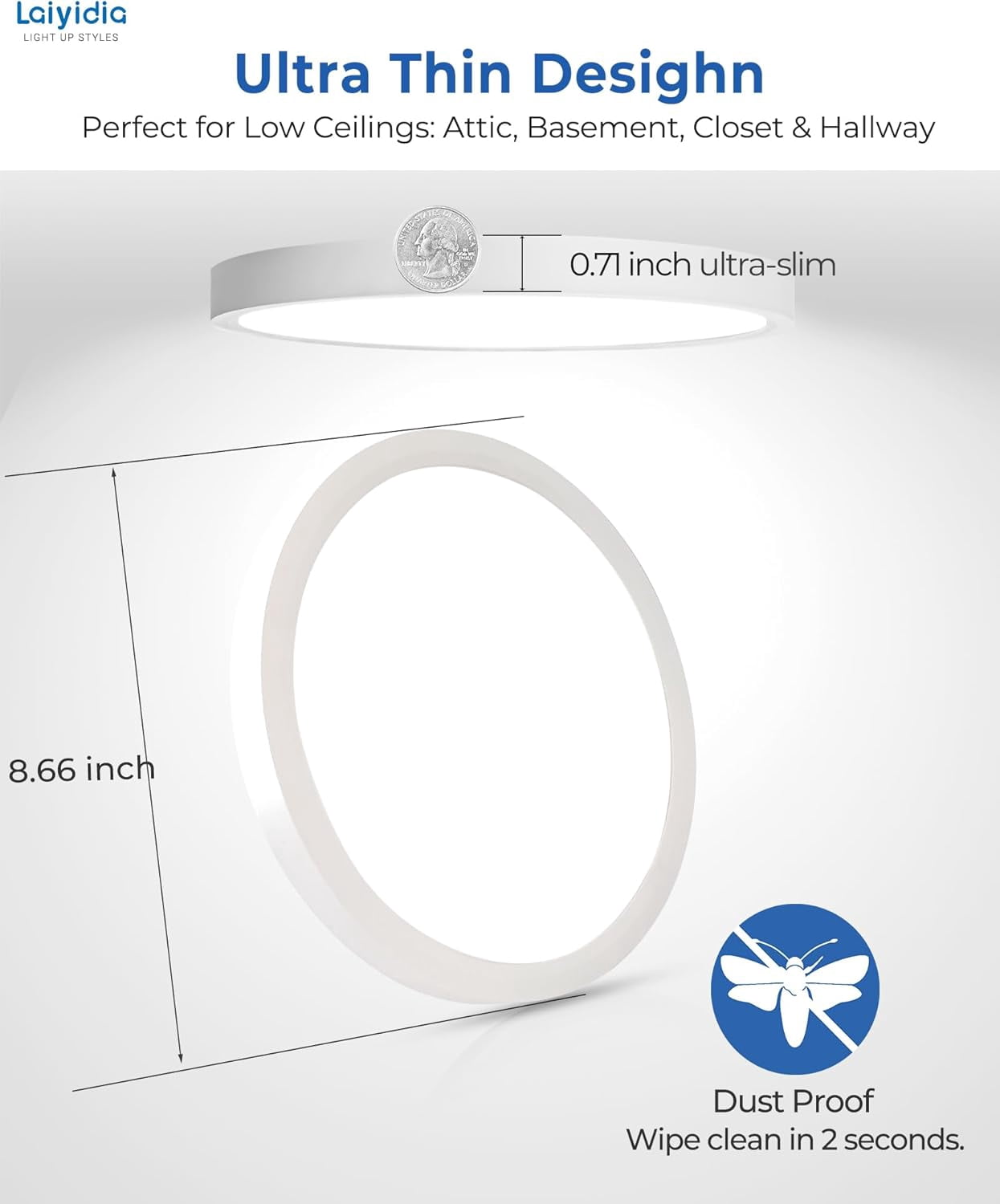 RGHJAR-9 Inch LED Flush Mount Ceiling Light Fixtures, 18W 2160LM & 5 CCT 2700K-6500K Selectable, Ultra Thin Round Flat LED Ceiling Light for Bedroom Kitchen Hallway Closet, White
