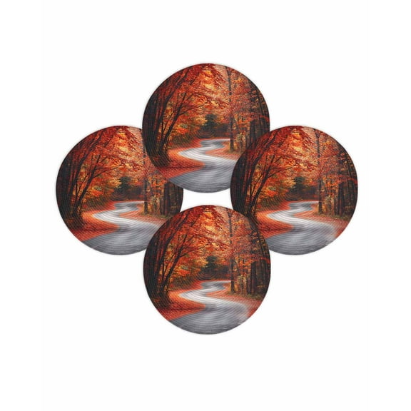 Fall Round Placemats Set of 4 Autumn Forest Place Mats Thanksgiving Woven Placemat Red Orange Fallen Maple Leaves Circle Braided Table Mat for Kitchen Dining Table Autumn Party Home Decor 15 Inch