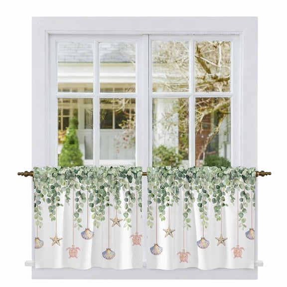 Eucalyptus Leaf Tier Curtains, Coastal Beach Starfish Nautical Ocean Light Filtering Kitchen Curtains, 2Pcs Rod Pocket Half Window Treatments Panels for Sink Cafe Cabinet Camper 27.5x24 Inches