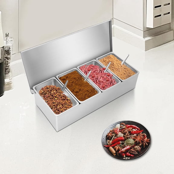 4 Compartments - Food Condiment Dispenser Condiment Serving Container Fruit Veggie Caddy Garnish Station with Lid for Fruit, Ice Cream, Salad Bar-Topping Organizer for Restaurant Supplies