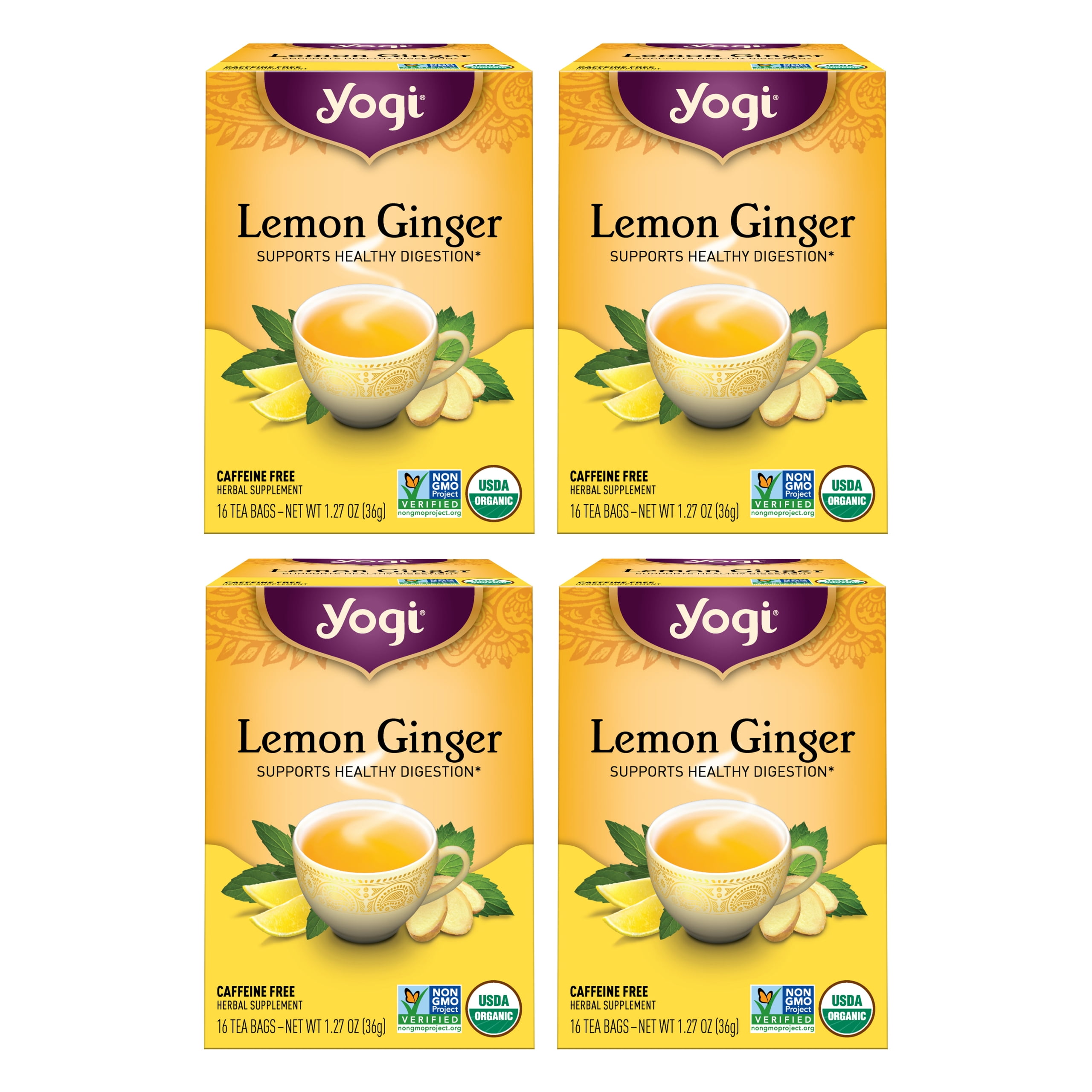 Yogi Tea, Lemon Ginger, Organic Herbal Tea Bags, 4 Boxes of 16