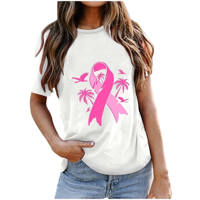 VKOYWKM T-Shirts Ruban Rose Femmes Sensibilisation au Cancer du Sein T-Shirts Manches Courtes Graphiques Inspirants Col Rond Coupe Ample