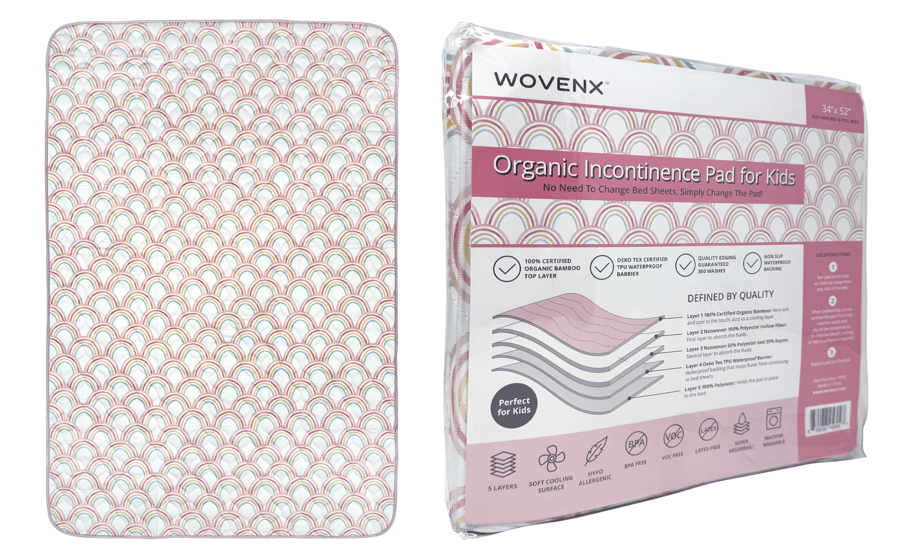 WOVENX Organic Incontinence Pads for Kids & Toddlers - 5 Layer Waterproof Protectors for Overnight Bed Wetting - Reusable & Washable Pee Pads - Fits Twin to Full Size Beds - 34" x 52" Rainbow