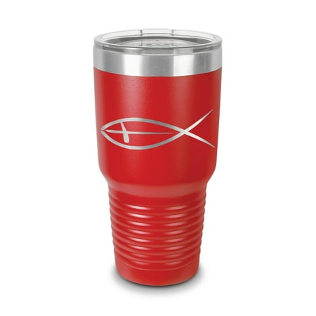 

Jesus Fish Tumbler 30 oz - Laser Engraved w/ Clear Lid - Stainless Steel - Vacuum Insulated - Double Walled - Travel Mug - christianity christian ichthys symbol saviour - Red