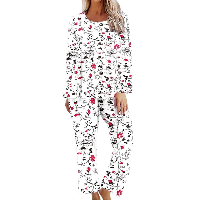 KIHOUT Pyjamas pour Femmes Imprimé Col Rond Manches Courtes Chemise de Nuit et Pantalons Ensembles Vêtements de Détente Pyjamas avec Poches