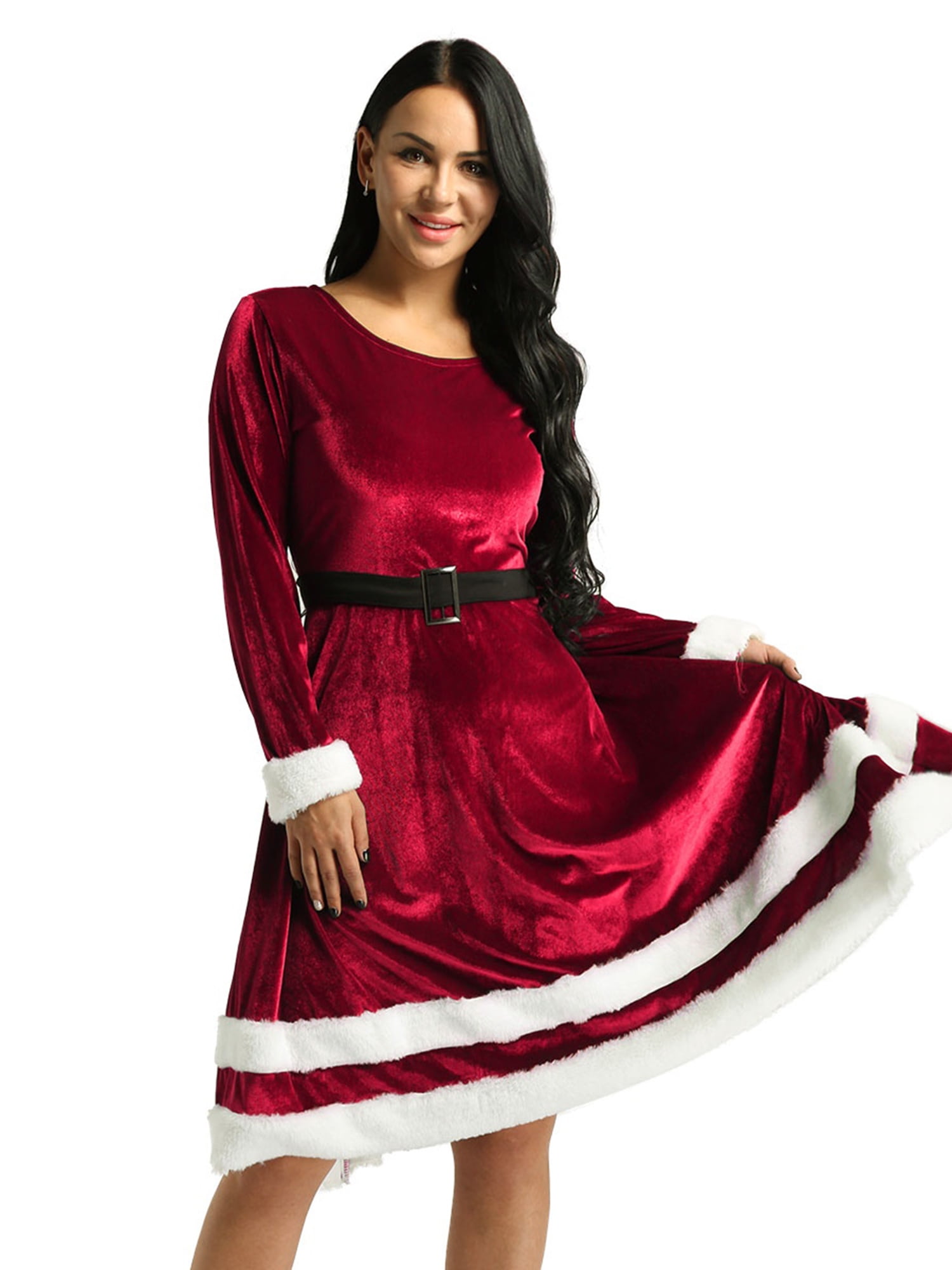 US Christmas Dress Women Velvet Long Sleeve Mrs Santa Claus Cosplay Fancy Dress 