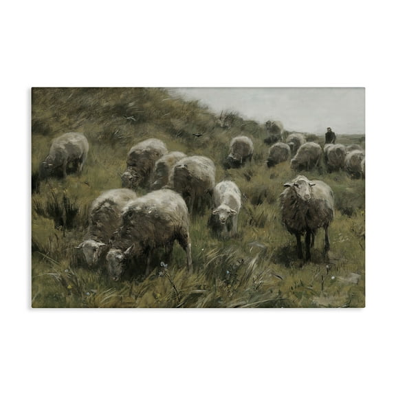 Stupell Industries Sheep At Pasture Landscape Painting Gallery Wrapped Canvas Art Print Wall Art, 24 x 16