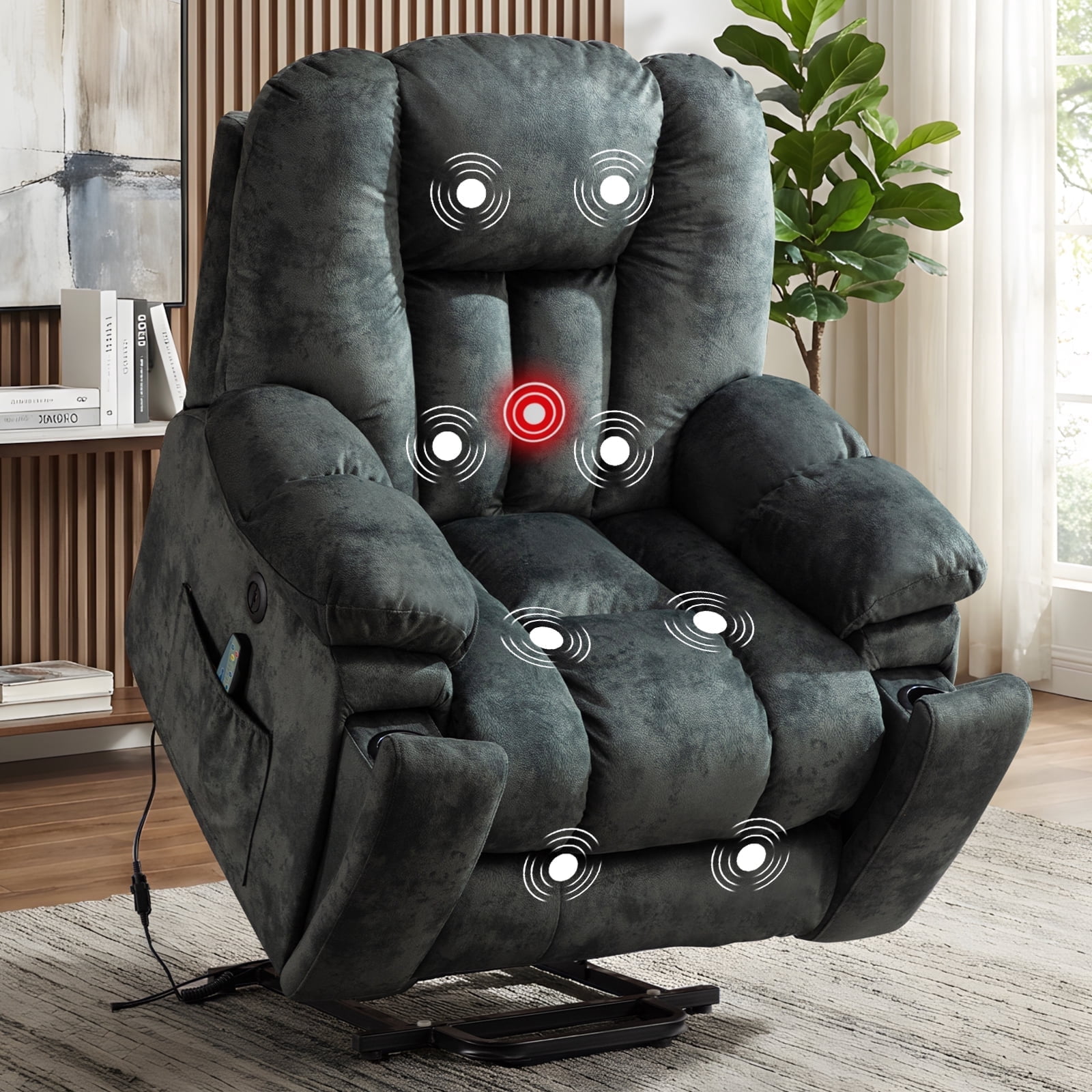 Ebello Overstuffed Power Lift Recliner with Heat Massage, Ergonomic Velvet Reclining Chair with USB Ports, Hidden Cup Holders for Elderly, Greenish Gray
