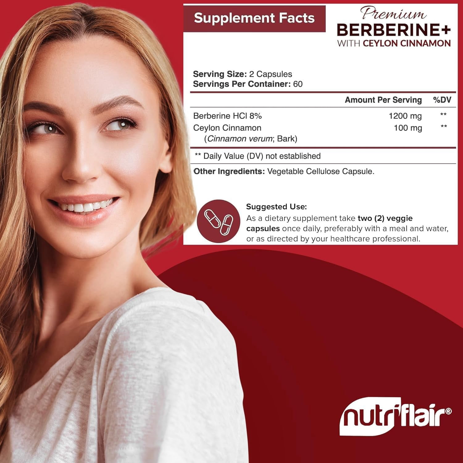NutriFlair Berberine HCl 1200mg with Ceylon Cinnamon, 120 Capsules – High Potency Berberine Supplement, Non-GMO, Made in USA, 2-Month Supply