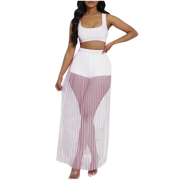 Posijego Womens Summer Two Piece Outfit Sleeveless Crop Tank Top See Through Skirts Shorts Matching Set