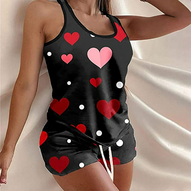 Ensembles de Pyjama pour Femmes 2 Pcs Ensemble Imprimé Saint-Valentin Taille Élastique Shorts Pyjamas