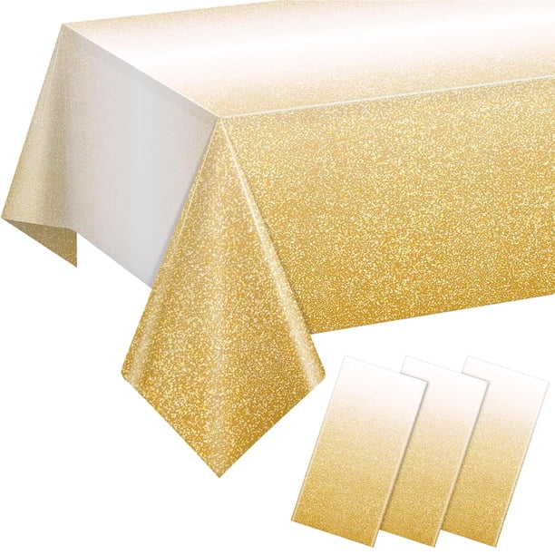 Mantel de plástico dorado degradado para fiestas, paquete de 3, manteles desechables de color dorado amarillo degradado para mesas rectangulares, mantel con salpicaduras de color dorado claro para