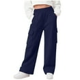 thumbnail image 2 of BiZtdJrK Girl's Cargo Sweatpants Fleece Lined Baggy Wide Leg Pants Solid Color Elastic Waist Workout Trousers with Multi Pockets Navy, 2 of 8
