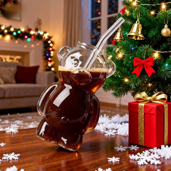 2025 Bear Glass Cold Cup 11oz, Holiday Cup with Straw, Ideal for Iced Coffee, Cocktails & Cold Beverages, Perfect Gift for Christmas Celebrations,(1 Bear Cup with Straw)