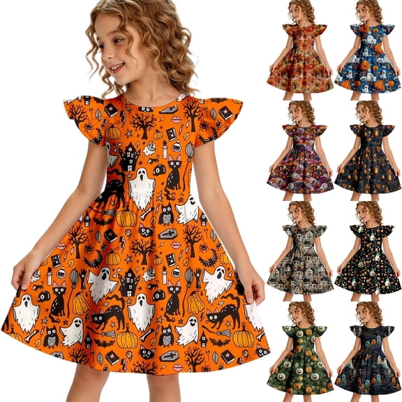 Halloween Dress Ruffle Flutter Sleeve Crew Neck Swing A-Line for Girls, Spooky Cartoon Haunted House Black Cat Pumpkin Holiday Outfit Dress White 120