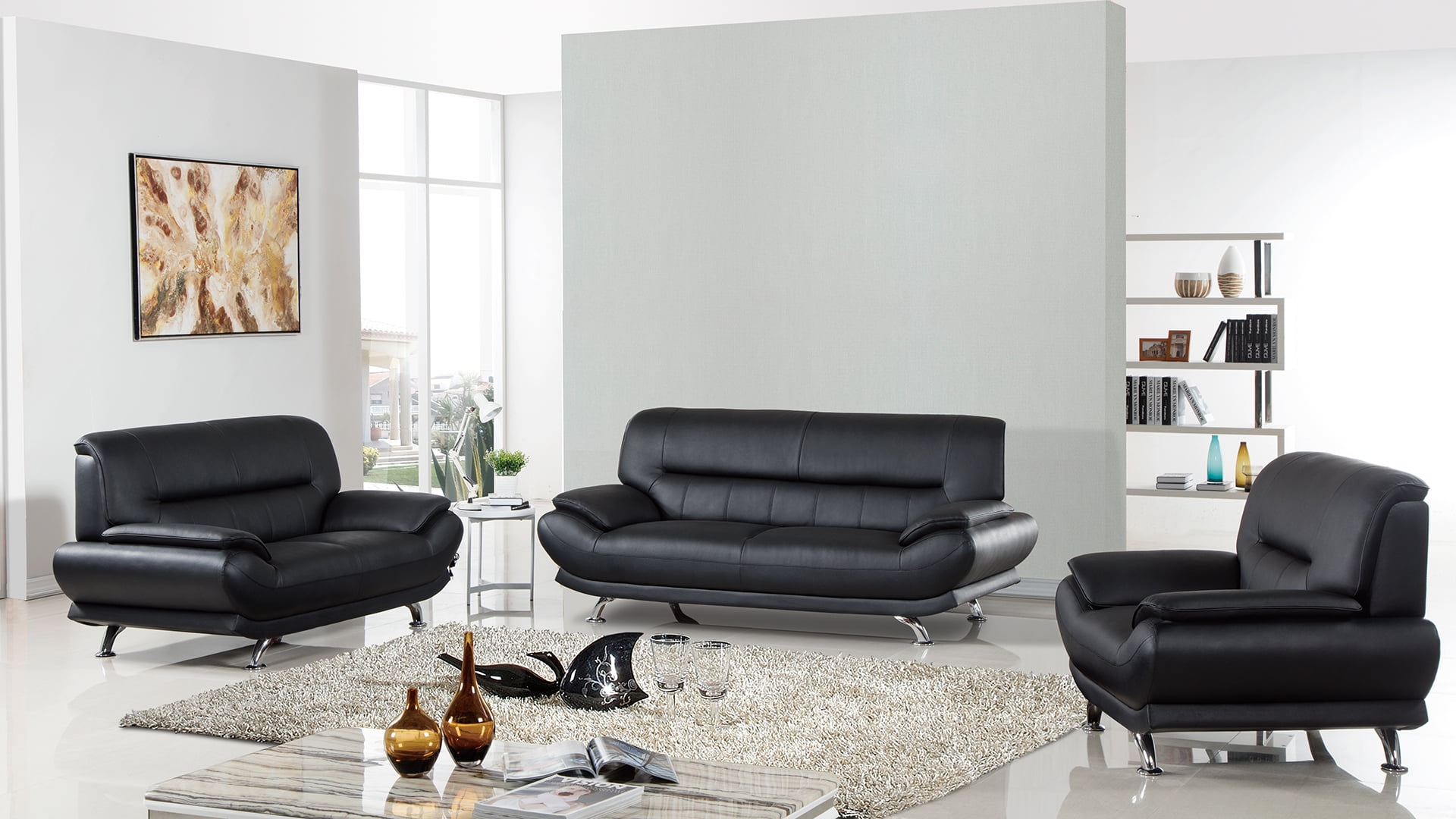 American Eagle EK-B118 Modern Contemporary Black Genuine Leather Loveseat