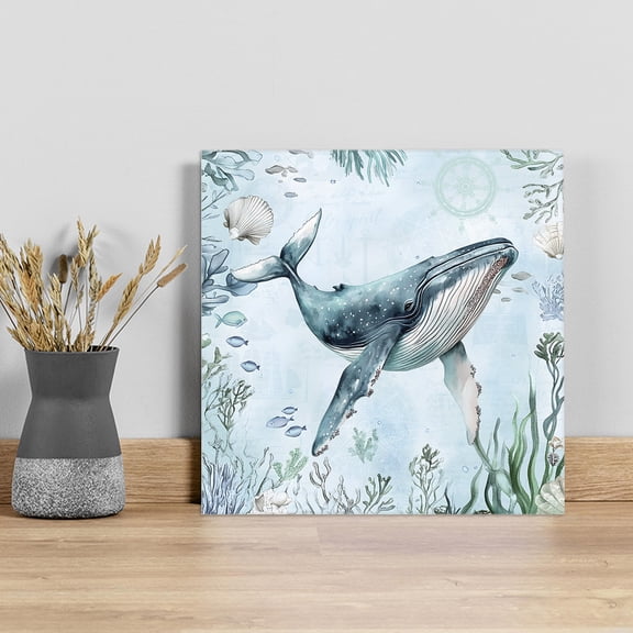 Coastal Whale Wall Art Painting on Canvas, Nautical Ocean Shells Seaweed Coral Canvas Art Home Prints Wall Art Framed Modern Artwork for Living Room Bedroom Wall Decor 8x8in