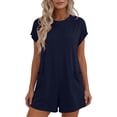 thumbnail image 1 of Lovzfmll Combinaison pour Femmes, Col Rond à Manches Courtes avec Poche, Jambe Grand, Barboteuse d'Été Décontractée Bleu Marine, G, 1 of 9