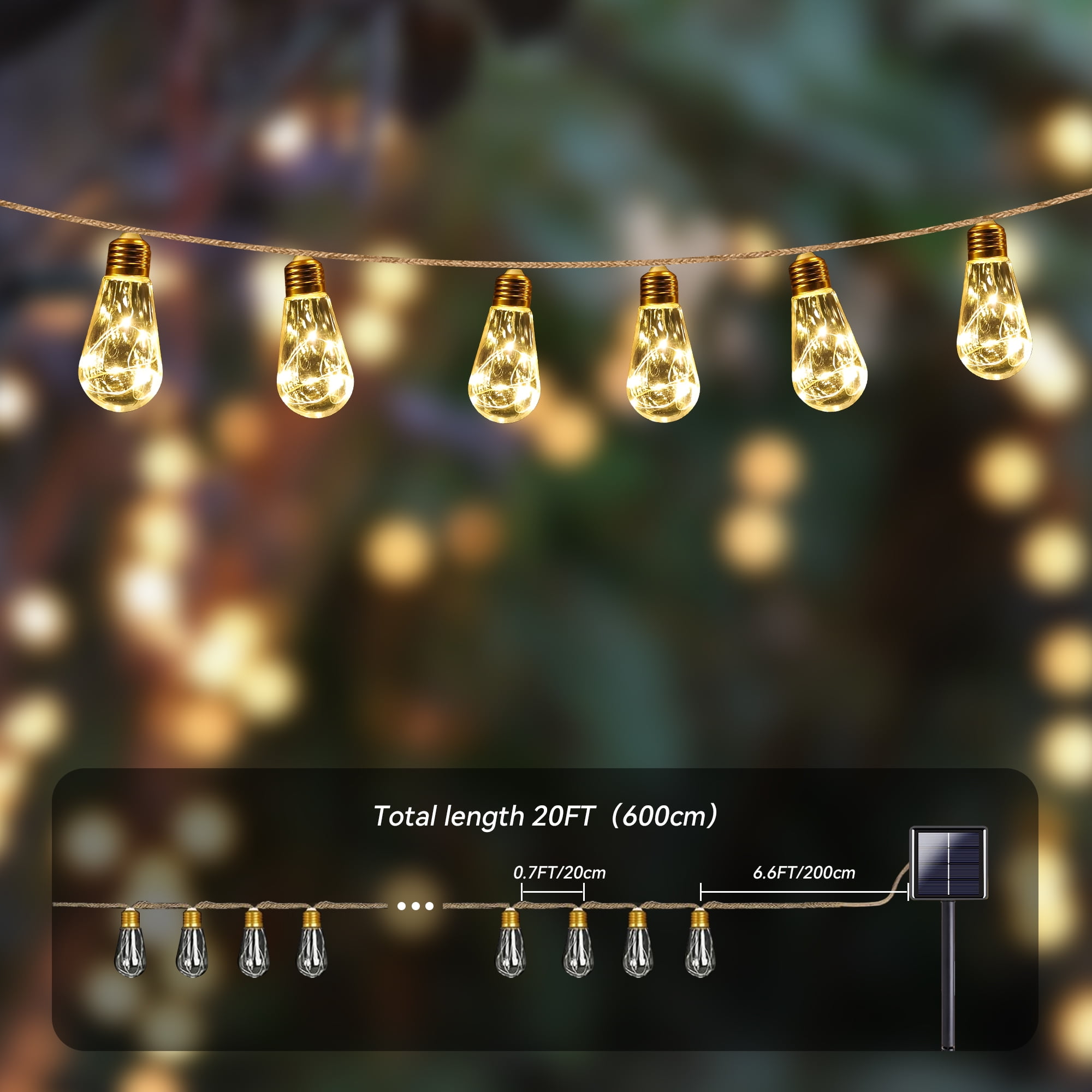 DAYBETTER Solar Outdoor String Lights Warm White, 20ft 20 Bulbs Shatterproof Vintage Hemp Rope, 8 lighting Modes, Solar String Lights for Fence, Yard, Camping Decor